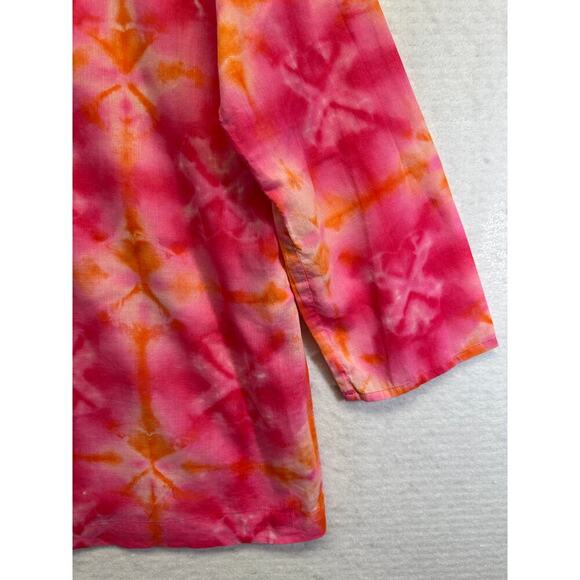 J Jill Women Top Tie Dye Pink Embroidered V Neck Boho Fairy Size MP Long Line - Picture 3 of 11